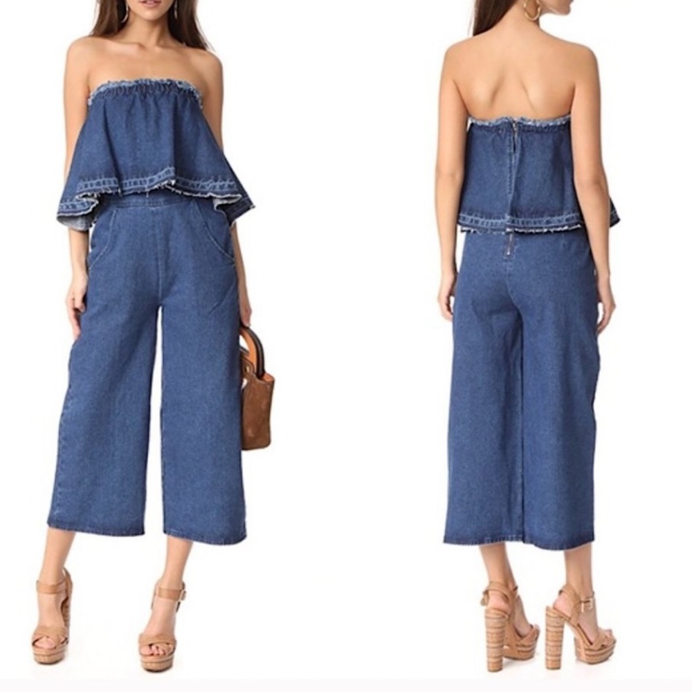 JOA denim strapless jumpsuit with pockets size large